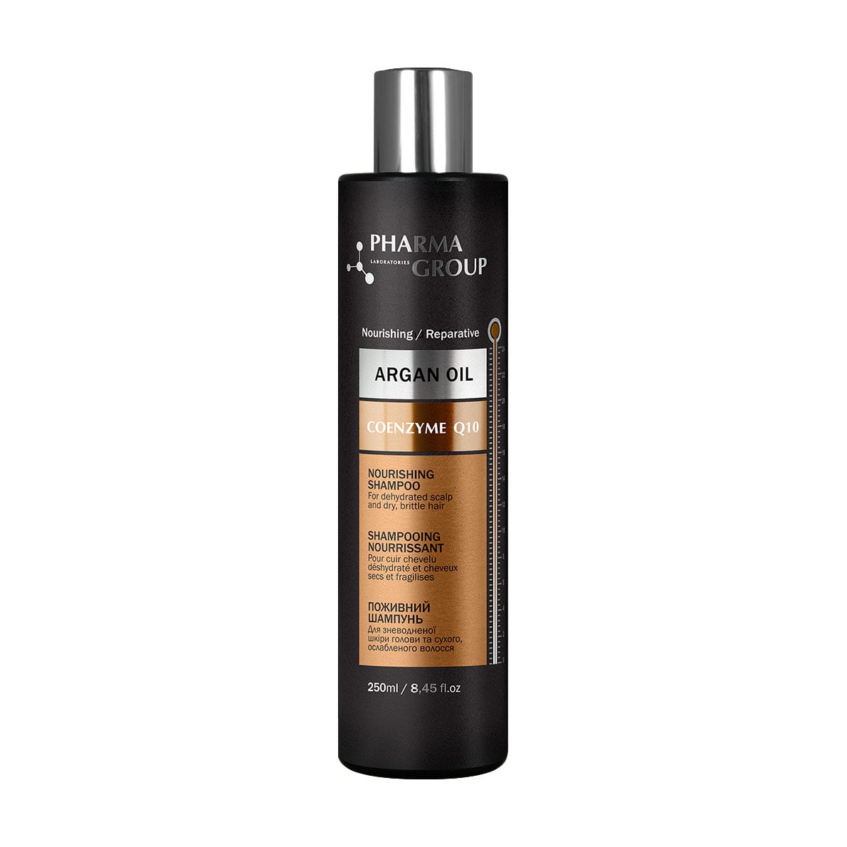 Живильний шампунь Pharma Group Argan Oil + Coenzyme Q10 Nourishing Shampoo для зневодненої шкіри голови та сухого, ослабленого волосся, 250 мл